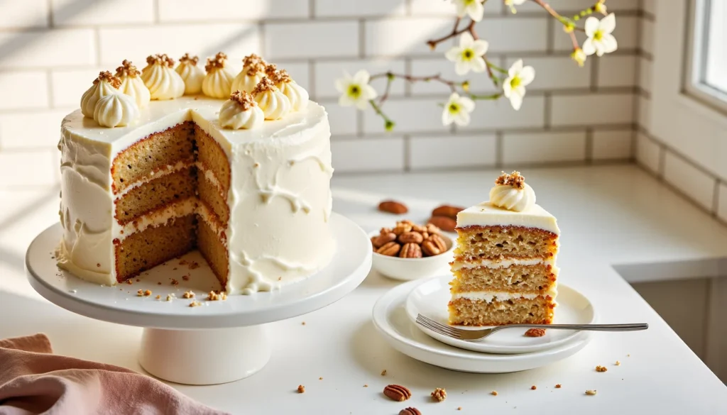 Three-layer hummingbird cake on a white cake stand with cream cheese frosting, topped with piped swirls and pecans, with a slice on a plate in a bright white kitchen with spring blossoms in the background.