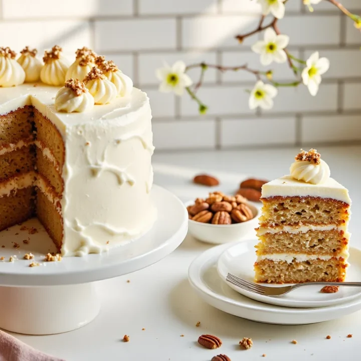 Three-layer hummingbird cake on a white cake stand with cream cheese frosting, topped with piped swirls and pecans, with a slice on a plate in a bright white kitchen with spring blossoms in the background.
