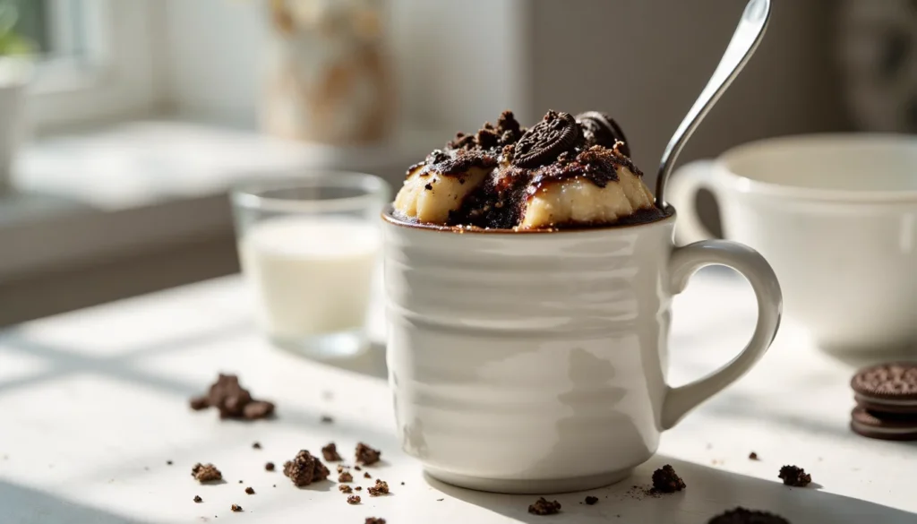 Fluffy Oreo mug cake in a white mug, topped with crushed Oreos, with cookie crumbs and a glass of milk on a sunlit countertop.