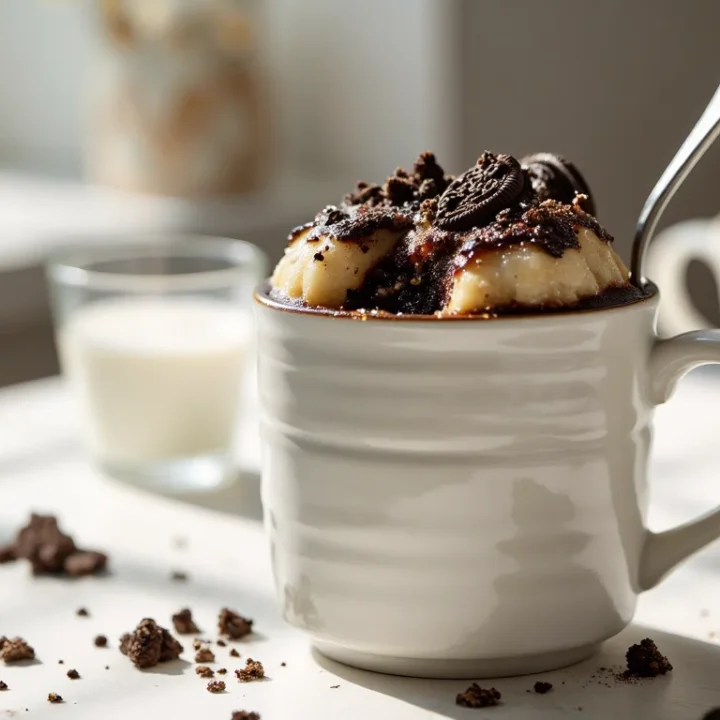 Fluffy Oreo mug cake in a white mug, topped with crushed Oreos, with cookie crumbs and a glass of milk on a sunlit countertop.