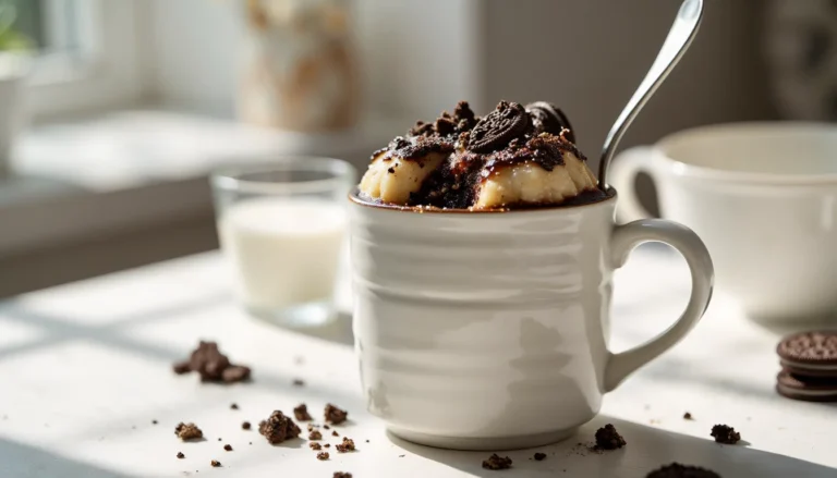 Fluffy Oreo mug cake in a white mug, topped with crushed Oreos, with cookie crumbs and a glass of milk on a sunlit countertop.