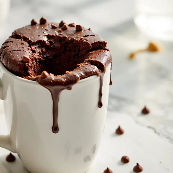 Fudgy chocolate protein mug cake in a white mug with gooey chocolate drips and chocolate chips on a marble surface.