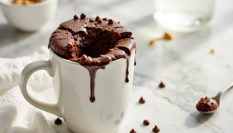 Fudgy chocolate protein mug cake in a white mug with gooey chocolate drips and chocolate chips on a marble surface.