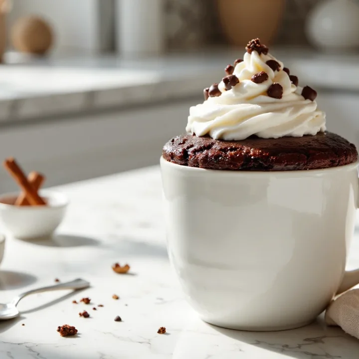 Keto chocolate mug cake in a white mug topped with whipped cream and chocolate chips on a bright marble countertop