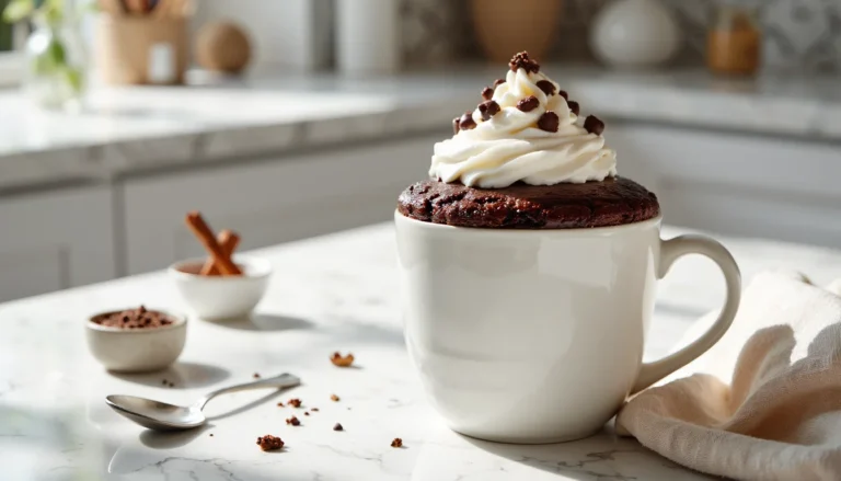 Keto chocolate mug cake in a white mug topped with whipped cream and chocolate chips on a bright marble countertop