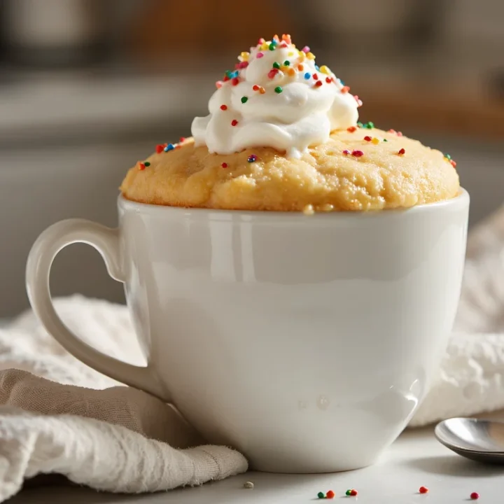 Warm vanilla mug cake in a white mug topped with whipped cream and rainbow sprinkles, sitting on a light counter with a spoon beside it.