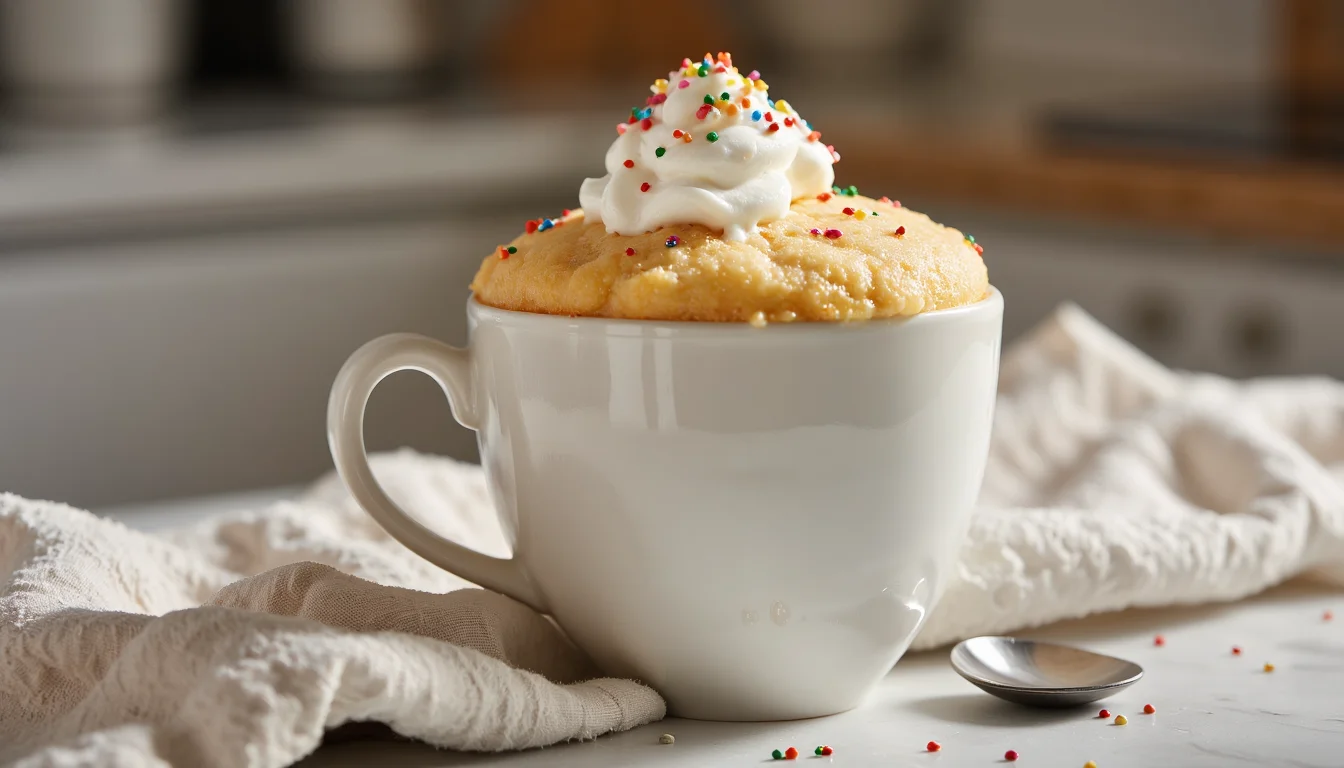 Warm vanilla mug cake in a white mug topped with whipped cream and rainbow sprinkles, sitting on a light counter with a spoon beside it.