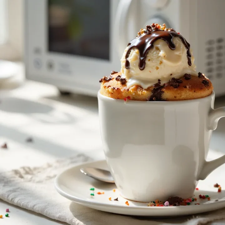 Warm vanilla cake mix mug cake in a white mug topped with vanilla ice cream and chocolate sauce, sitting by a microwave with milk in the background.