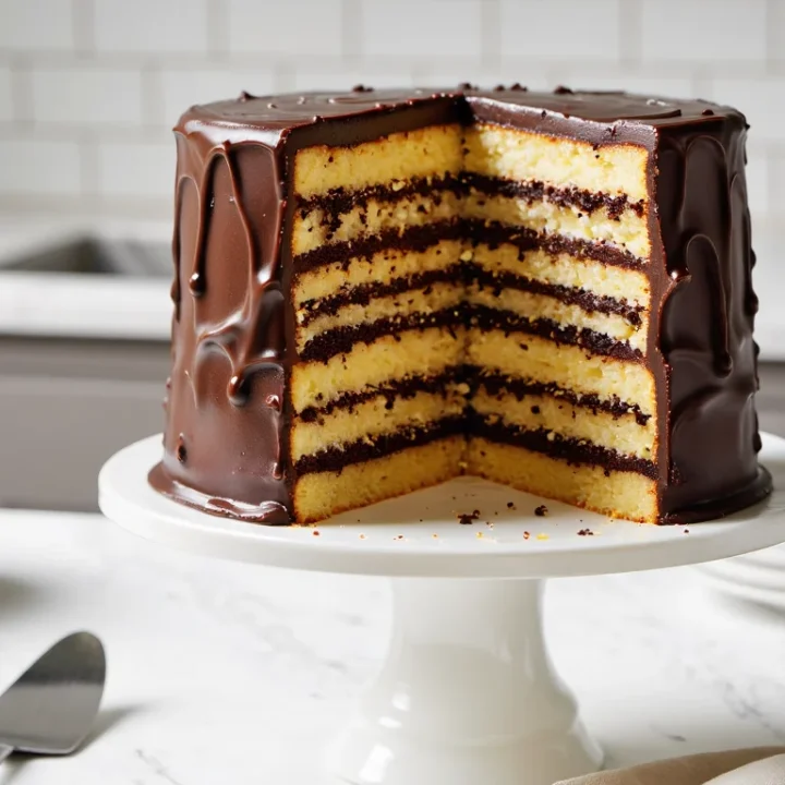 Tall Smith Island cake with many thin yellow layers and glossy chocolate fudge frosting, cut to show the striped layers on a white cake stand.