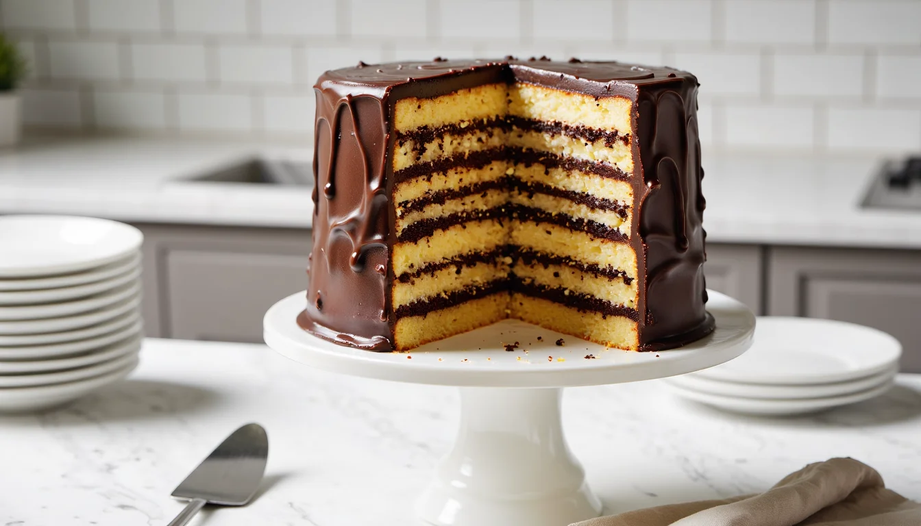 Tall Smith Island cake with many thin yellow layers and glossy chocolate fudge frosting, cut to show the striped layers on a white cake stand.