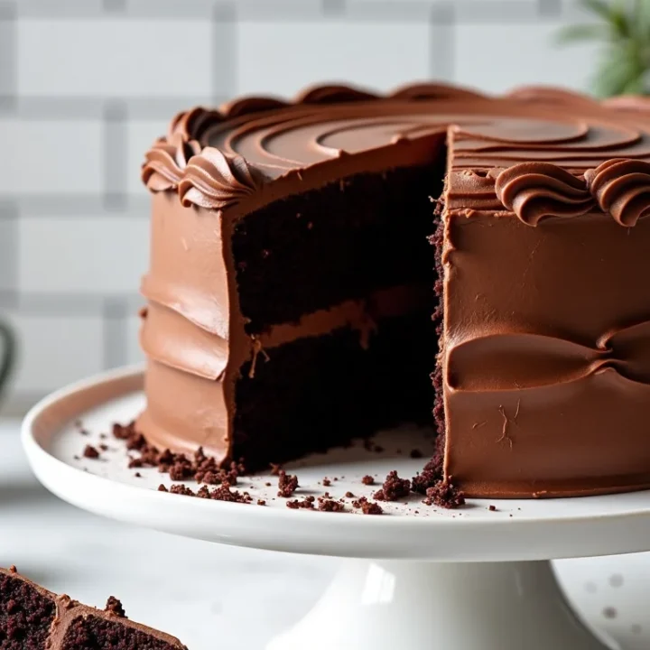 Tall two-layer devil's food cake with rich chocolate frosting, one slice removed to show moist dark crumb, on a white cake stand with coffee in the background.