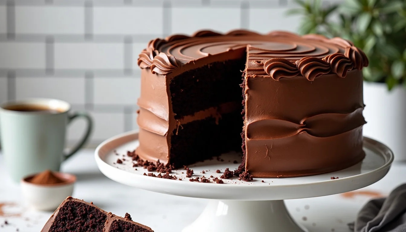 Tall two-layer devil's food cake with rich chocolate frosting, one slice removed to show moist dark crumb, on a white cake stand with coffee in the background.