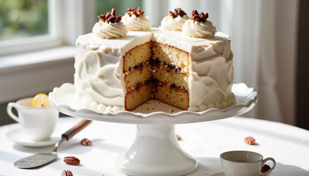 Tall Lady Baltimore Cake with white frosting, pecan-topped swirls, and a visible fruit-and-nut filling on a pedestal stand beside a cup of tea.