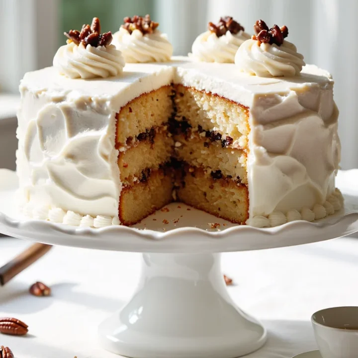 Tall Lady Baltimore Cake with white frosting, pecan-topped swirls, and a visible fruit-and-nut filling on a pedestal stand beside a cup of tea.