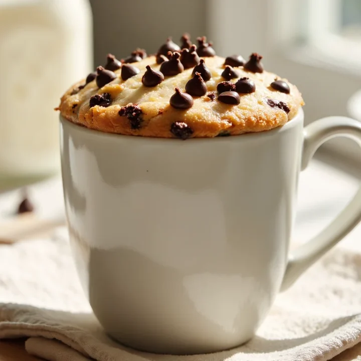 Warm chocolate chip mug cake in a white mug, topped with melty chocolate chips, sitting on a napkin in soft window light.