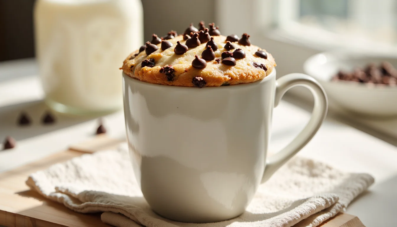 Warm chocolate chip mug cake in a white mug, topped with melty chocolate chips, sitting on a napkin in soft window light.