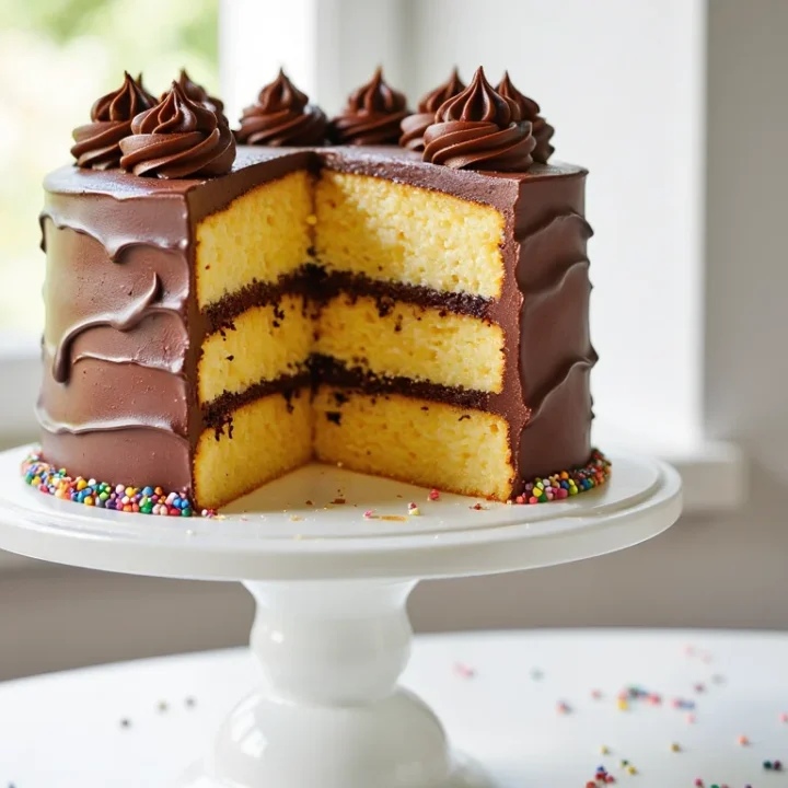 tall three-layer yellow cake with rich chocolate frosting and rainbow sprinkles on a white cake stand by a bright window, one slice removed to show moist crumb