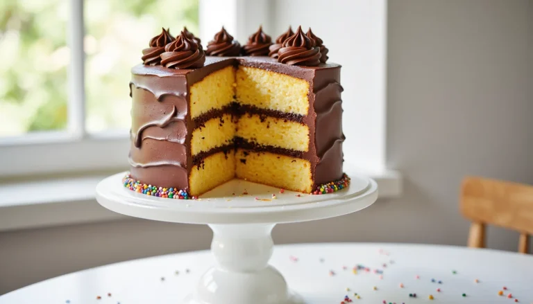 tall three-layer yellow cake with rich chocolate frosting and rainbow sprinkles on a white cake stand by a bright window, one slice removed to show moist crumb