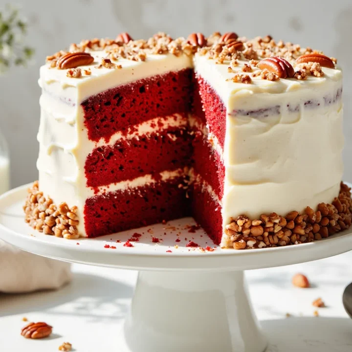 Tall three-layer southern red velvet cake on a white cake stand, frosted with creamy white cream cheese frosting and garnished with pecans, with a slice removed to show the moist red crumb.