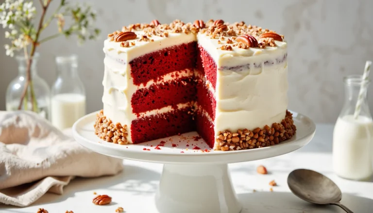 Tall three-layer southern red velvet cake on a white cake stand, frosted with creamy white cream cheese frosting and garnished with pecans, with a slice removed to show the moist red crumb.