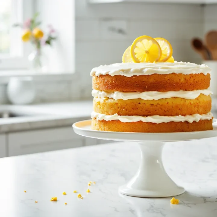 Triple-layer lemon cake with white lemon cream cheese frosting and lemon slices on top, displayed on a white cake stand in a bright marble kitchen.