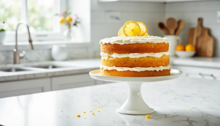 Triple-layer lemon cake with white lemon cream cheese frosting and lemon slices on top, displayed on a white cake stand in a bright marble kitchen.