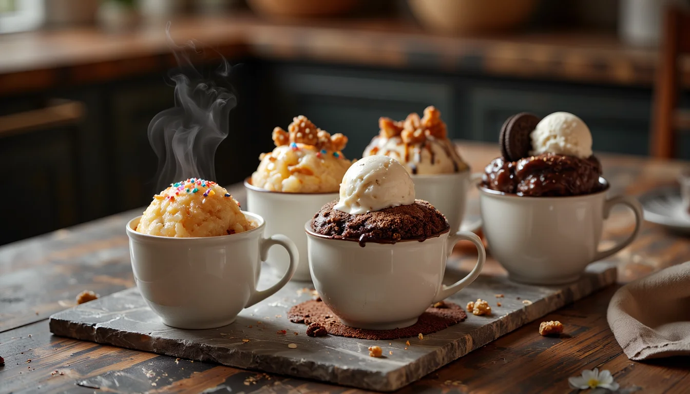 Assorted vanilla and chocolate mug cakes in white mugs, topped with ice cream, sprinkles, and caramel on a rustic wooden table.