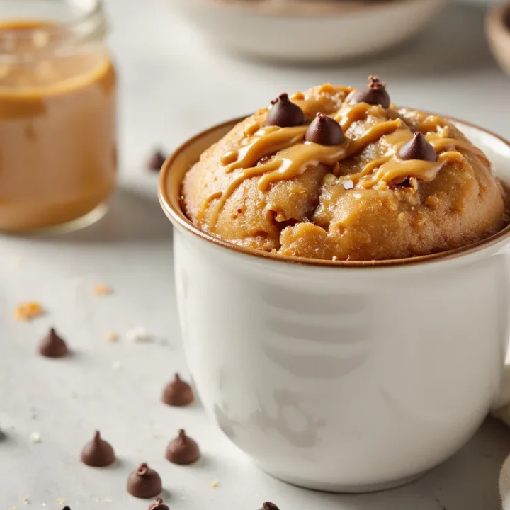 Peanut butter mug cake in a white ceramic mug, topped with chocolate chips and peanut butter drizzle, on a light background.