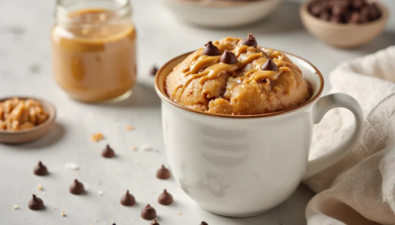 Peanut butter mug cake in a white ceramic mug, topped with chocolate chips and peanut butter drizzle, on a light background.