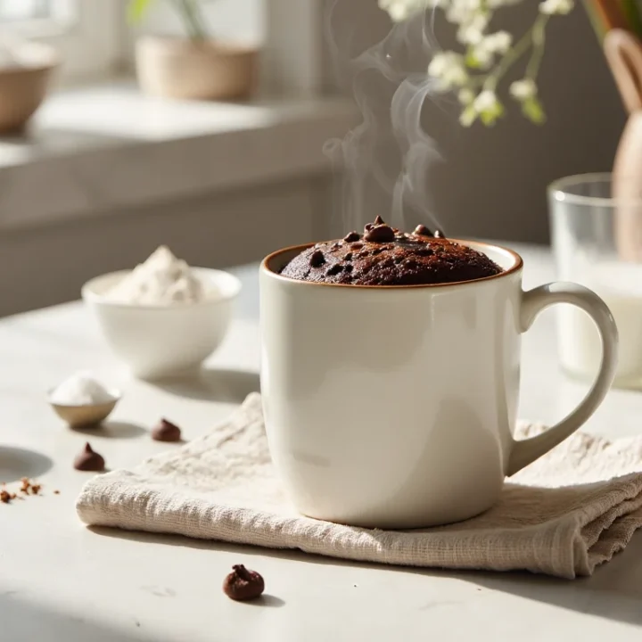 A warm vegan chocolate mug cake in a white ceramic mug, topped with chocolate chips and steam, sitting on a linen napkin with bowls of cocoa, flour, and plant milk in a bright kitchen background.
