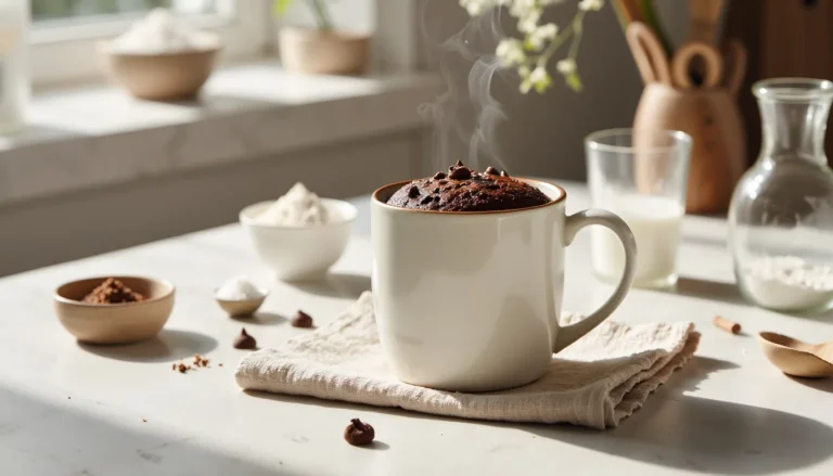 A warm vegan chocolate mug cake in a white ceramic mug, topped with chocolate chips and steam, sitting on a linen napkin with bowls of cocoa, flour, and plant milk in a bright kitchen background.
